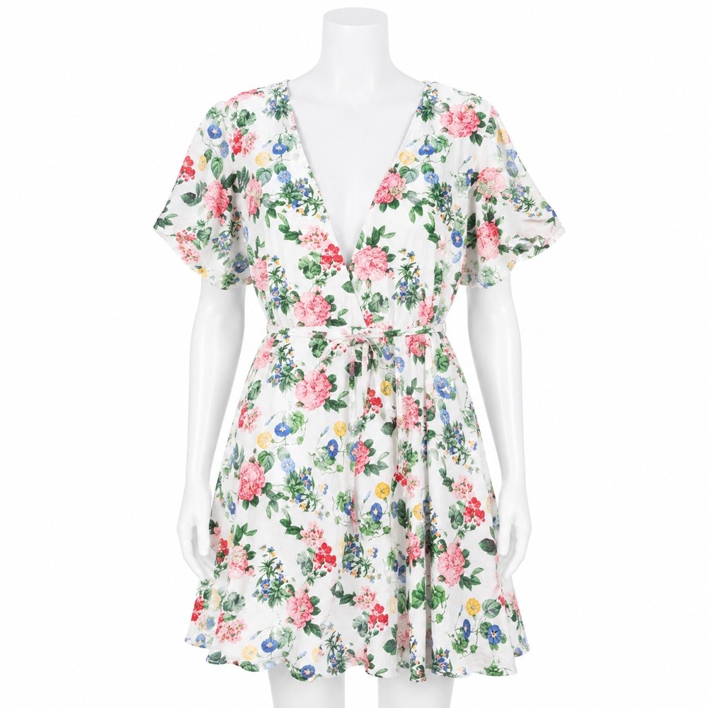 Old Navy Fit & Flare Dress Womens XXL White Floral Linen Blend V-Neck Mini‎ Tie